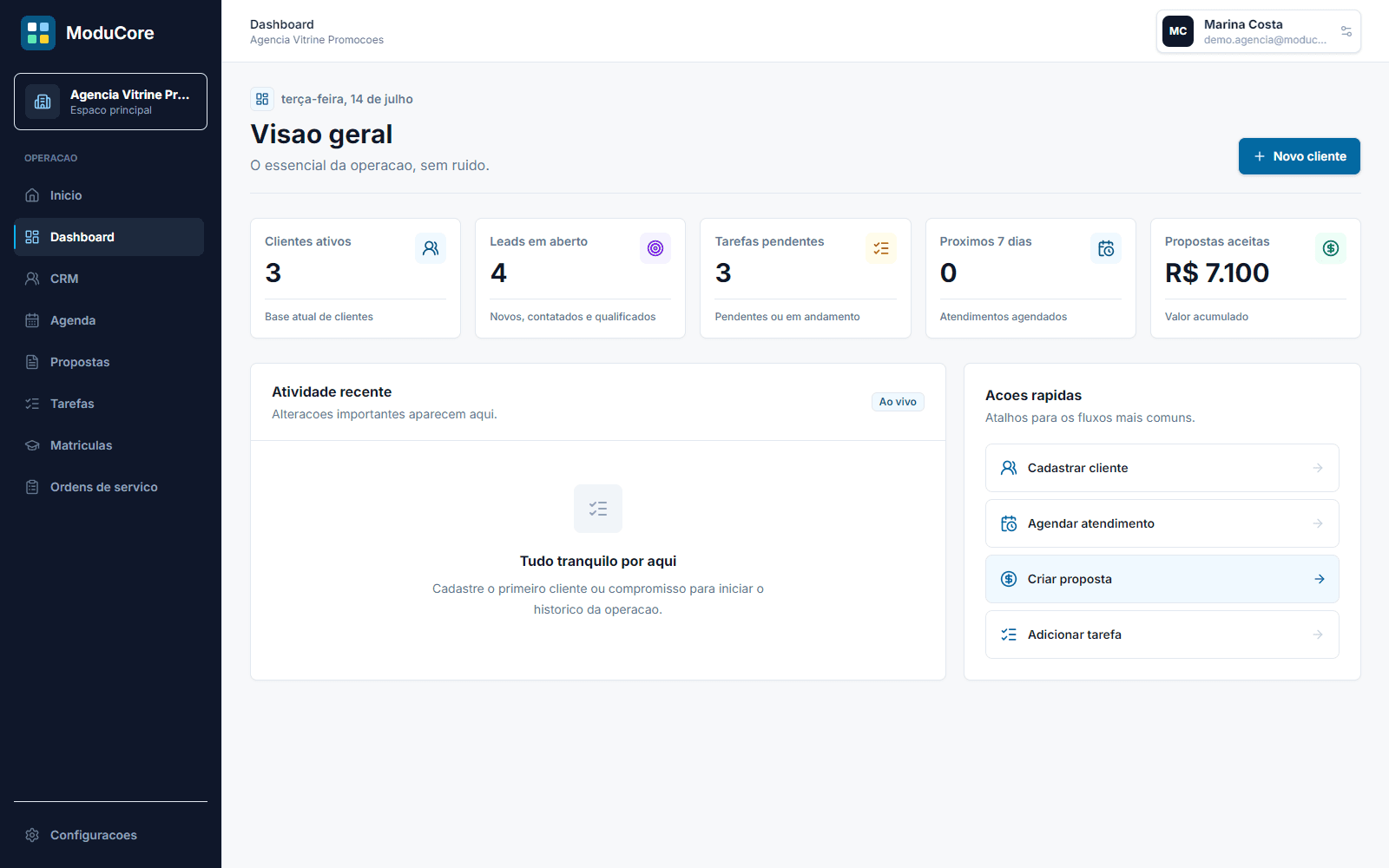 Dashboard real do ModuCore